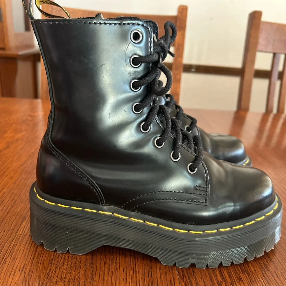 Dr. Martens Jadon platform Black Combat Boots with Yellow Stitching - Picture 4 of 8